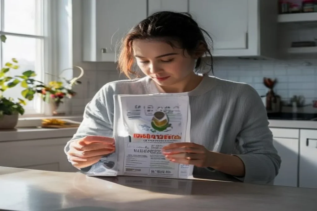 Person carefully reading the ingredients label on a pet food bag in a bright apartment kitchen
