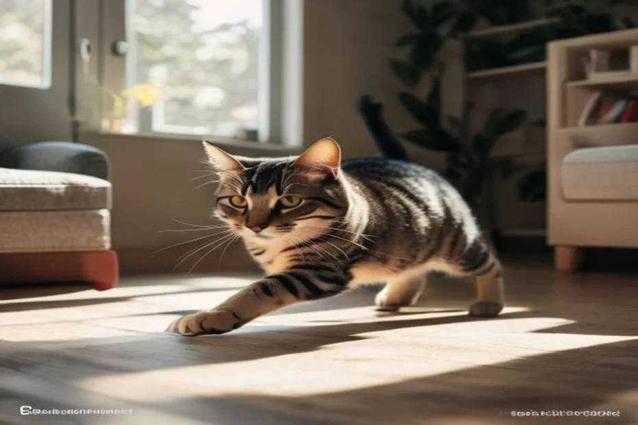Active cat pouncing on a wand toy in apartment living room, healthy play session