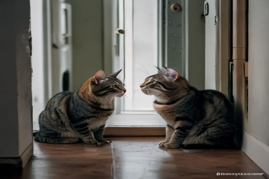 Two cats carefully observing each other through a cracked apartment door during an introduction, cautious but curious