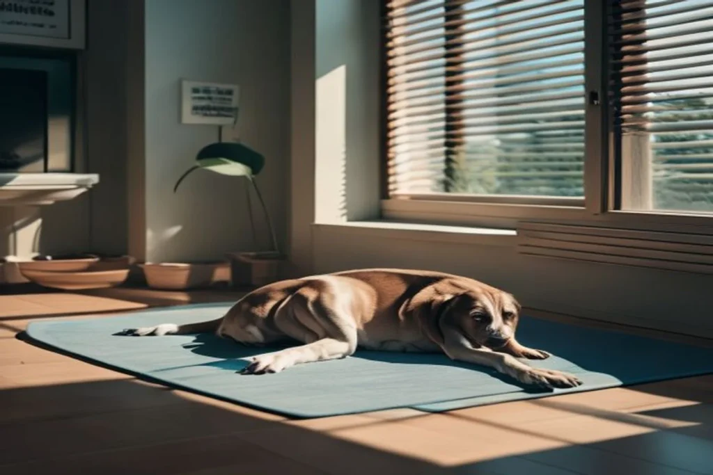 Dog resting comfortably on a cooling mat in a shaded apartment corner with water bowl nearby on a hot day