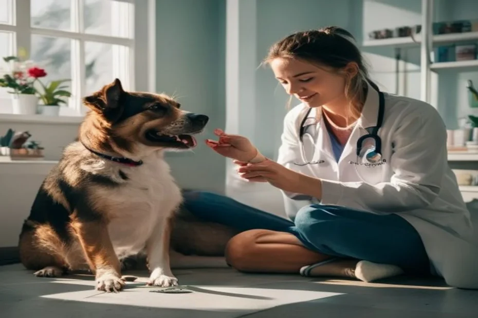 Vet examining a calm healthy dog at a routine checkup, preventive care setting