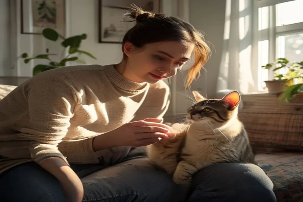Person gently checking a calm cat's ribs for a home health assessment, soft natural light in an apartment