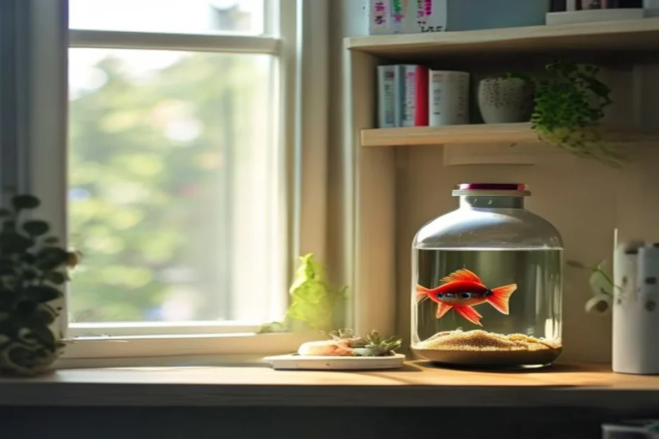 Small betta fish tank on apartment shelf with colorful fish visible, calm minimalist pet setup