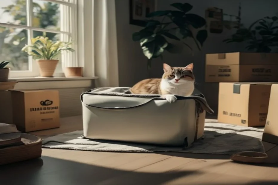 Open cat carrier with soft blanket near moving boxes in apartment, calm cat preparing for a move