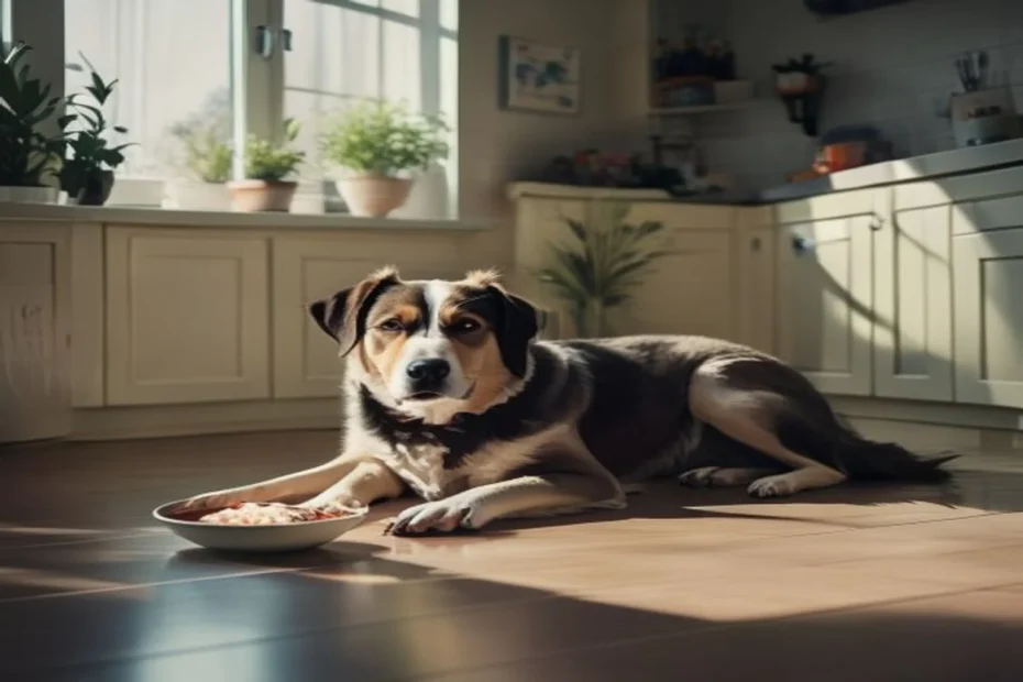Dog resting calmly near water bowl and bland food dish in clean apartment kitchen, recovery from diarrhea
