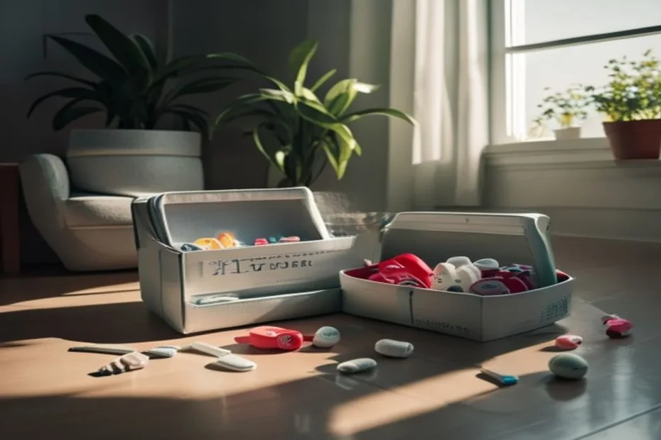 Open pet first aid kit with bandages, gauze, scissors, and thermometer visible on apartment floor