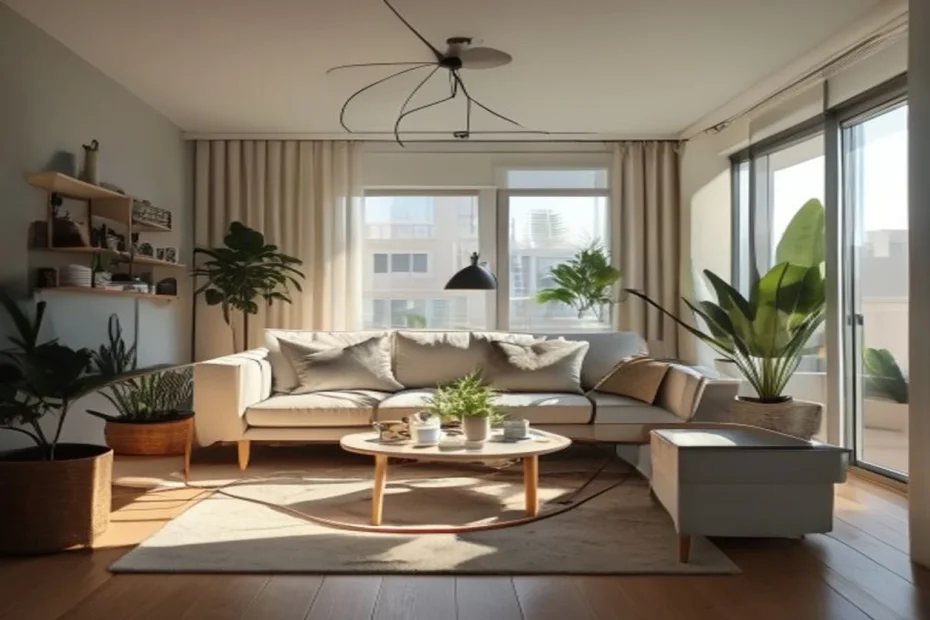 Apartment living room arranged safely for pets with organized cables, plants out of reach, and closed trash can