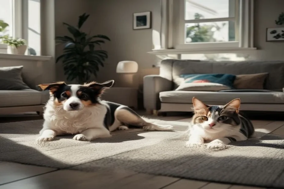 Cat and small dog peacefully coexisting in apartment, each in their own spot, balanced multi-pet home