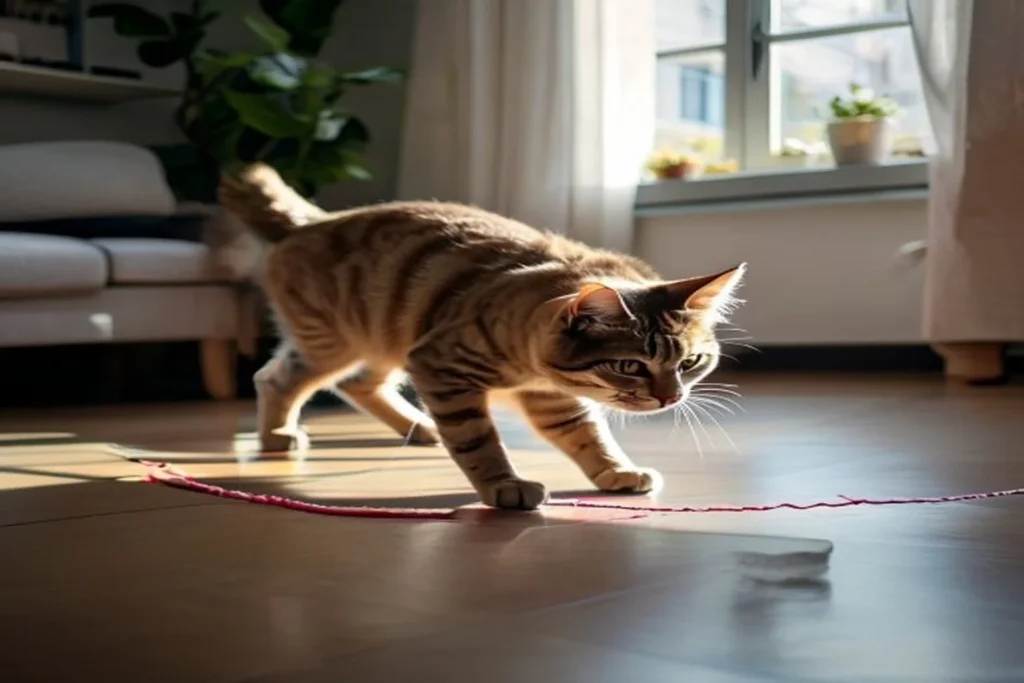 Cat in a low hunting crouch stalking a piece of string on apartment floor, focused and engaged
