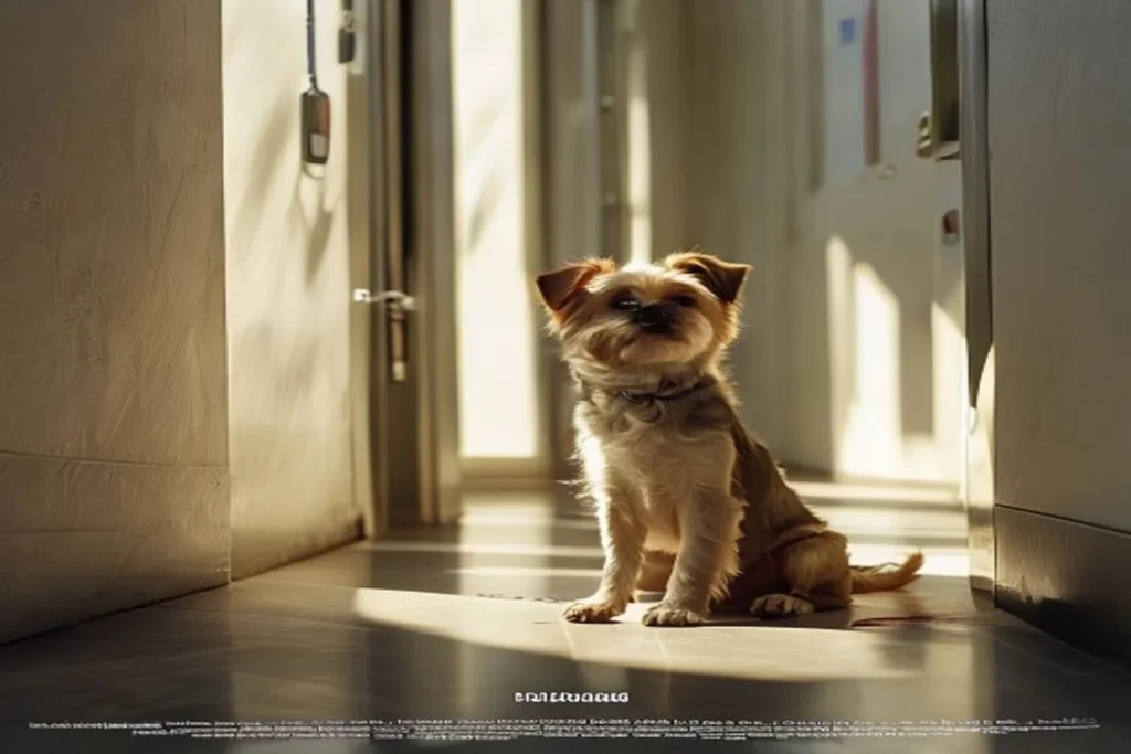Small dog on leash waiting eagerly by the apartment door ready to go outside, clean hallway background