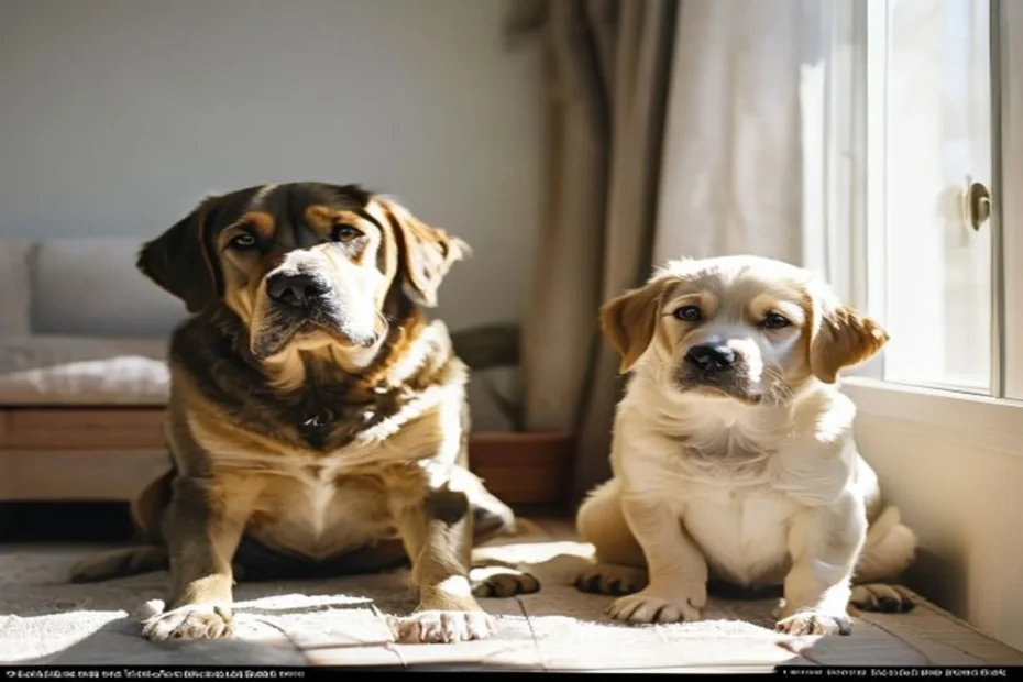 Calm adult dog and curious puppy together in apartment living room, contrasting life stages for apartment living