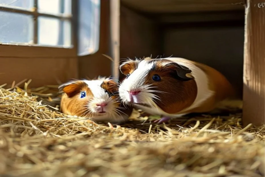Two guinea pigs exploring a spacious enriched enclosure with hay rack and hiding spot in an apartment