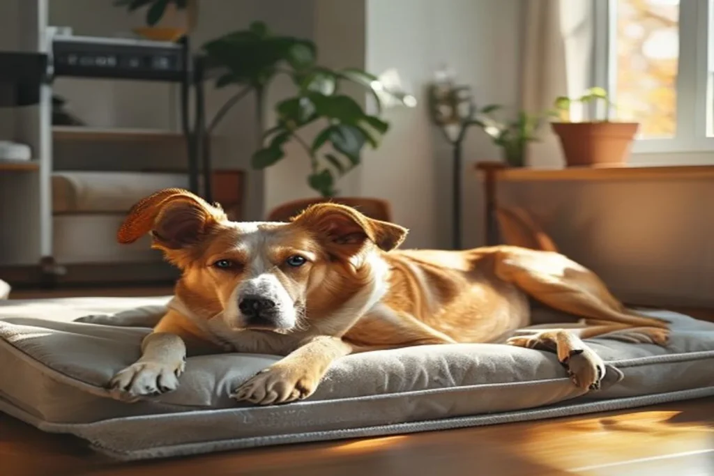 Senior dog resting peacefully on an orthopedic dog bed in a warm apartment, non-slip rug on hardwood floor