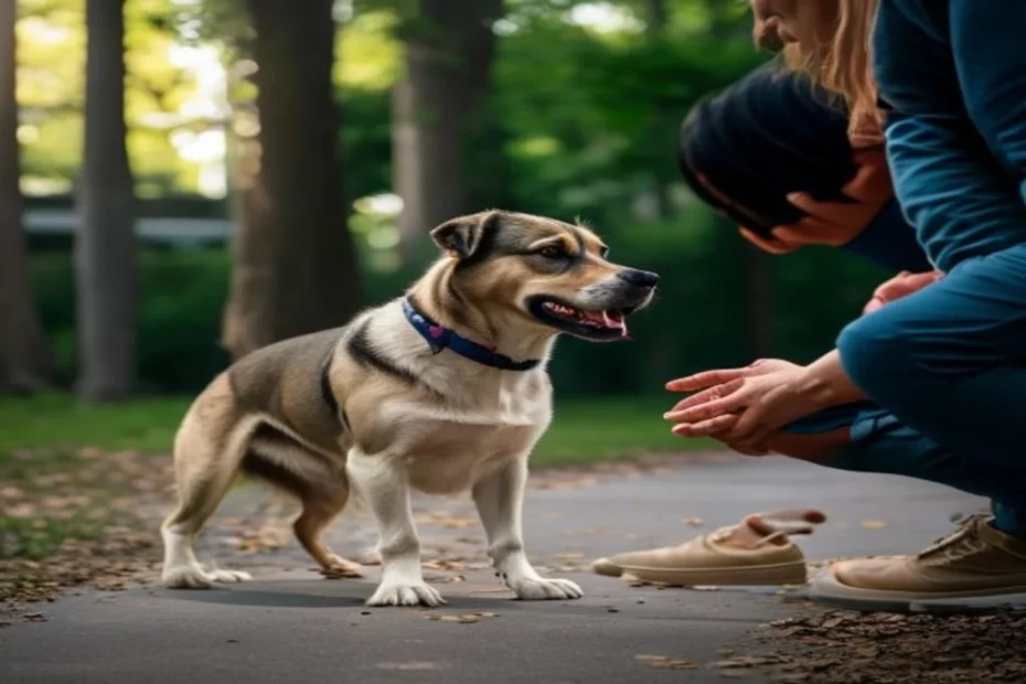 Under-socialized dog cautiously approaching person who offers treats at safe distance, gradual exposure training