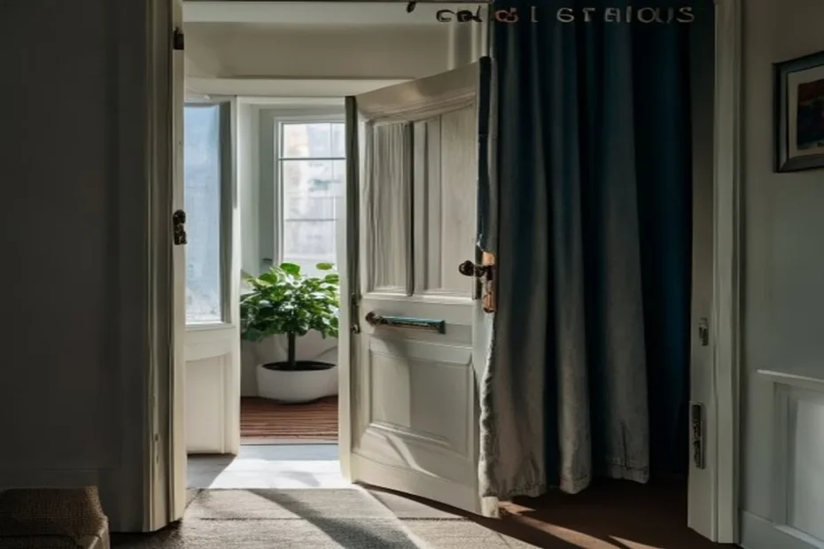 Apartment entryway with door sweep, heavy curtain, and rug for sound dampening, considerate setup for pet noise