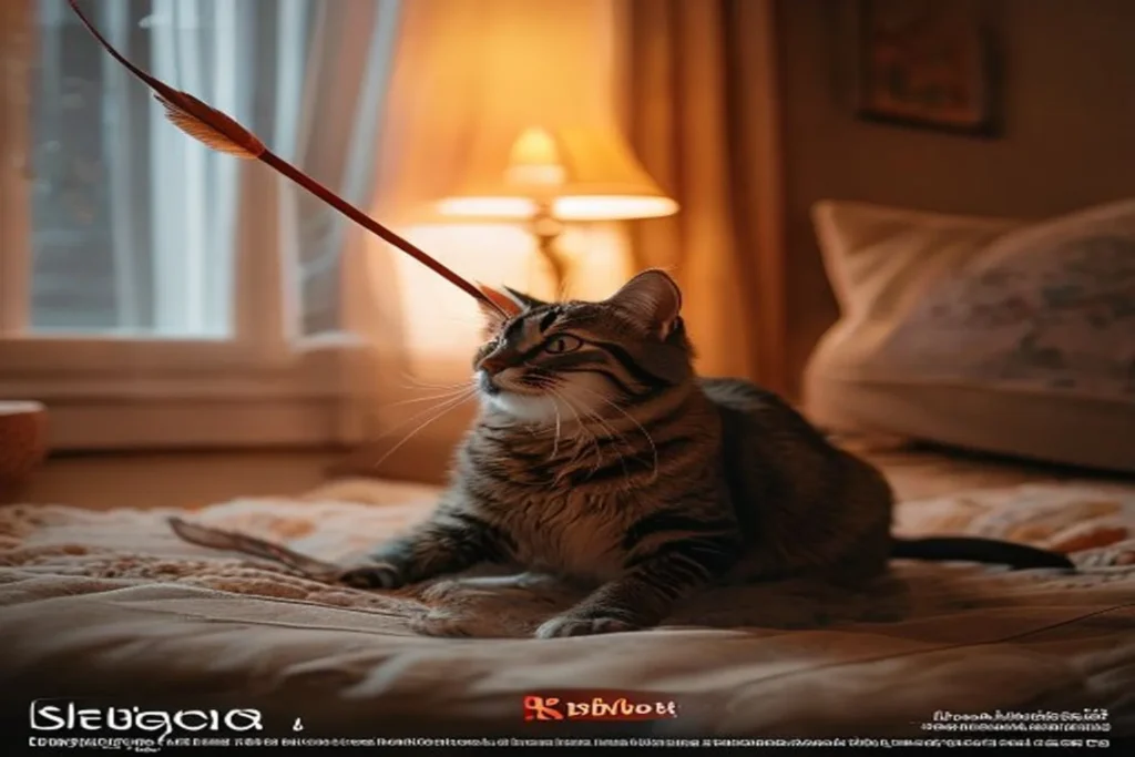 Cat playing energetically with a wand toy in the evening before bedtime, warm lamp light in a cozy apartment