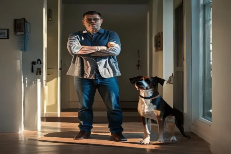 Owner standing still with arms crossed while dog stands with four paws on the floor in apartment entryway