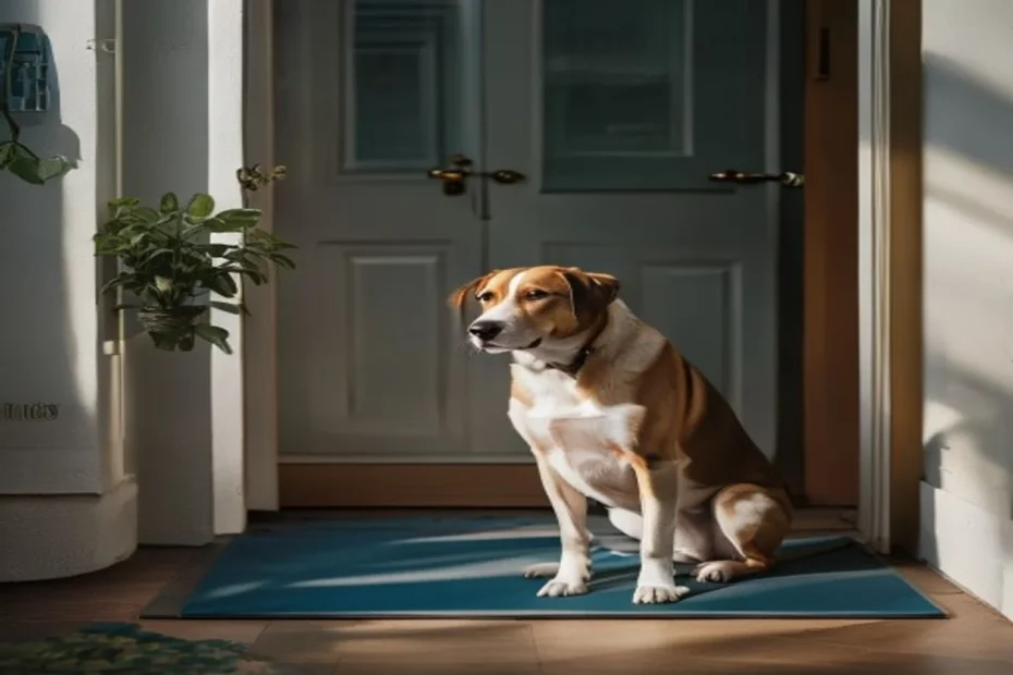 Calm trained dog sitting attentively on a mat near apartment entryway, waiting politely