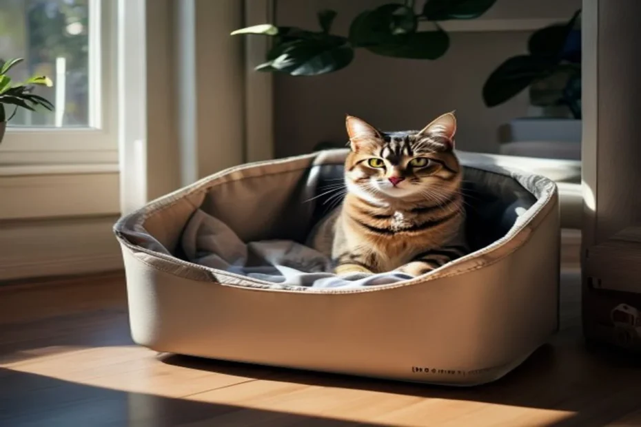 Calm cat resting comfortably inside an open carrier with a soft blanket, door open, in a home apartment setting