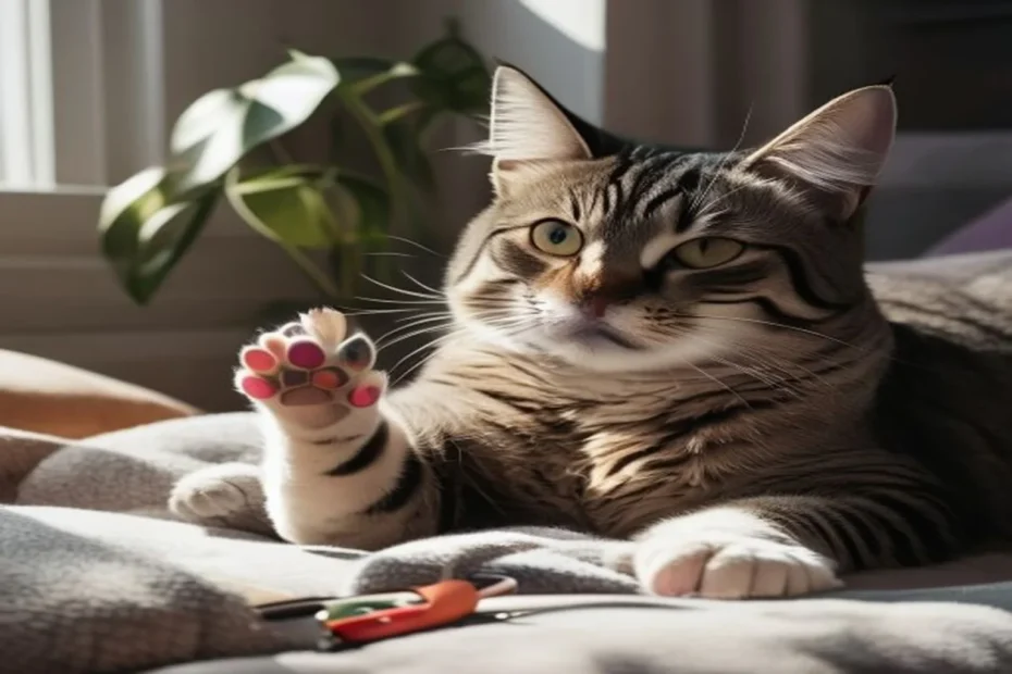Calm cat resting with paw gently extended near small nail clippers, patient grooming setup with treats nearby