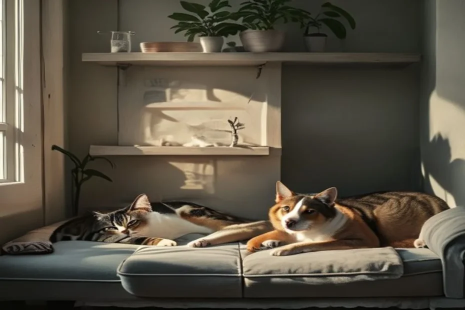 Cat resting on a shelf while dog lies on its bed below, peaceful multi-pet home in small apartment