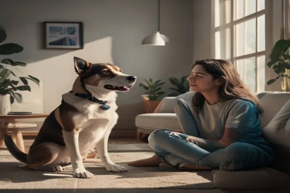 Calm dog sitting in apartment living room with relaxed body language, peaceful atmosphere