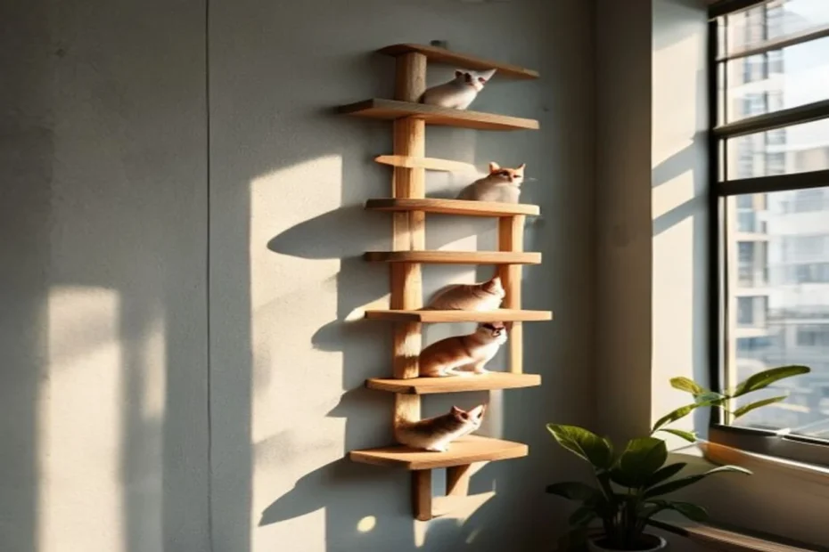 Apartment wall with three staggered cat shelves at different heights, cat sitting on the highest shelf