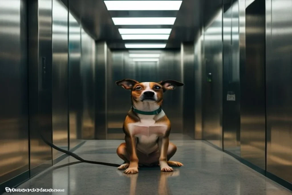 Small dog sitting calmly in a building elevator on a short leash, well-behaved and ready for the morning walk