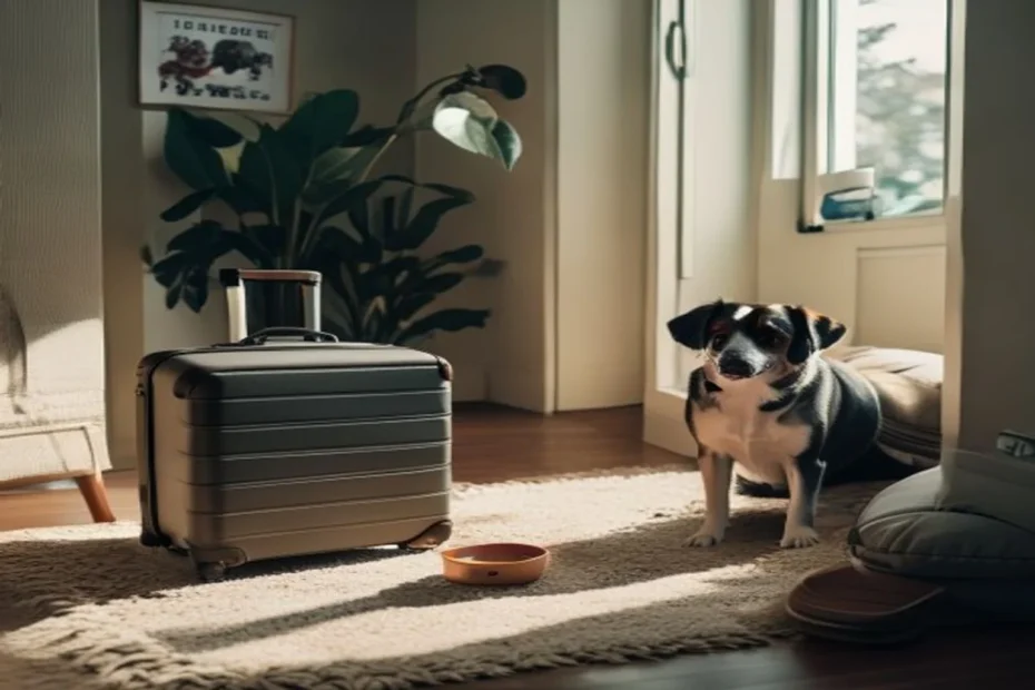 Small suitcase beside dog bed and water bowl in apartment, preparing for vacation with thoughtful dog care plan