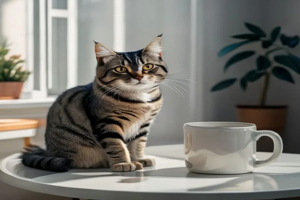Curious cat sitting on a table beside a fallen mug, looking calm and unbothered, minimal apartment background