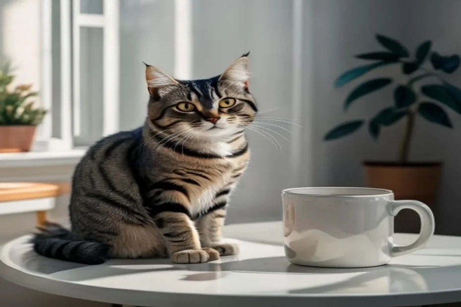 Curious cat sitting on a table beside a fallen mug, looking calm and unbothered, minimal apartment background