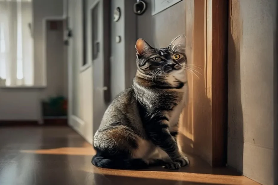 Cat sitting determinedly in front of a closed apartment door, one paw extended, staring intensely at it