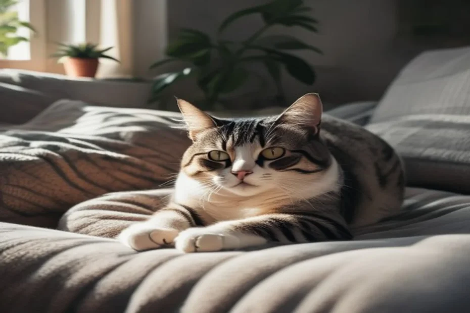Content cat kneading on soft blanket with eyes half closed, peaceful apartment setting