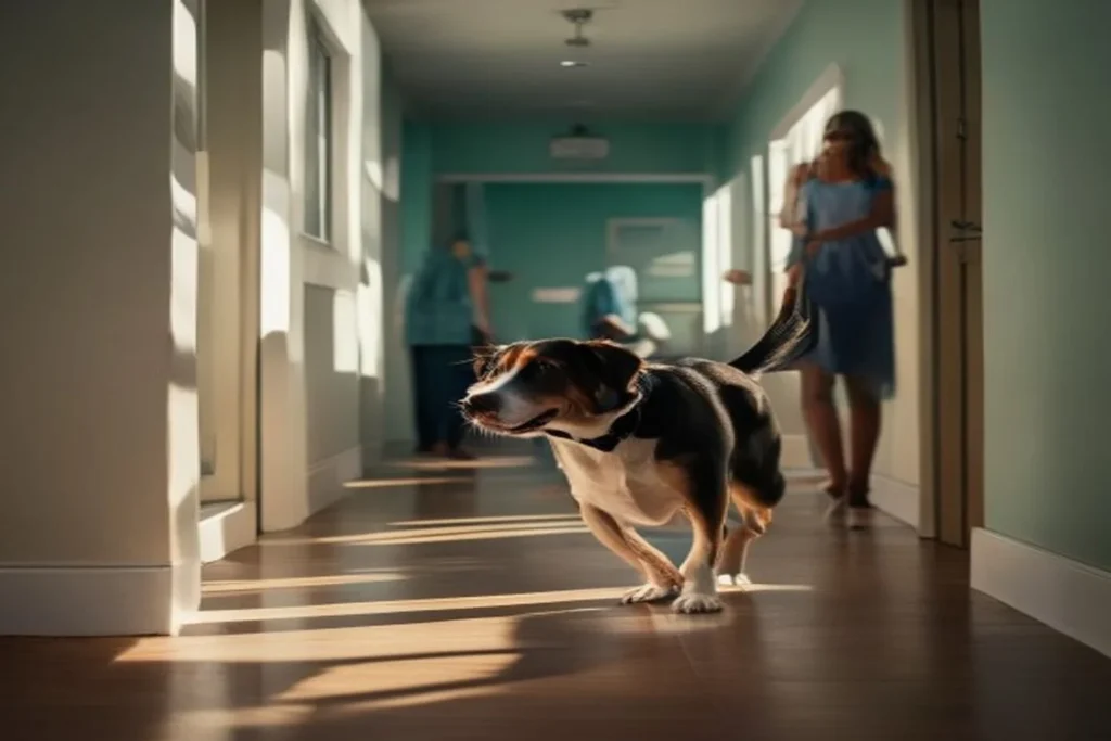 Loyal dog following owner closely in apartment hallway, looking up attentively, soft natural light