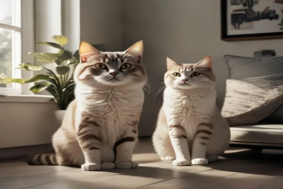 Calm domestic cat sitting upright and looking directly toward the camera with relaxed soft eyes, in a bright apartment corner