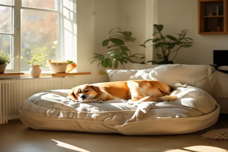 A large dog resting calmly on a supportive bed in a corner of a cozy small apartment living room