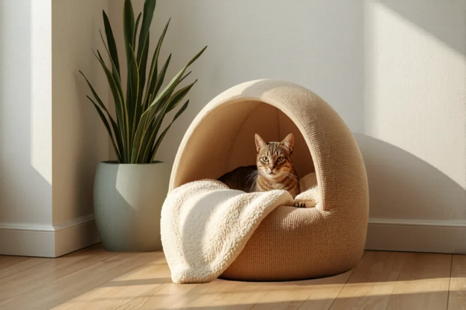 A cozy covered cat cave tucked into a quiet corner of a calm minimal apartment with a soft blanket, soft natural light