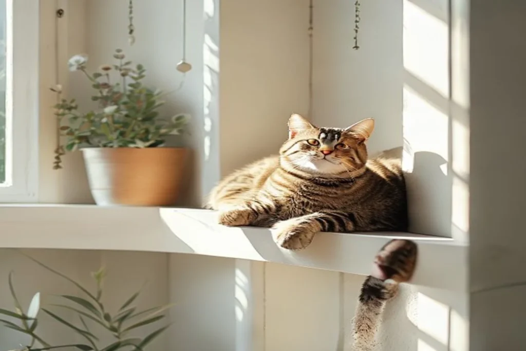A tabby cat lounging on a sunny window perch above floating wall shelves in a small apartment