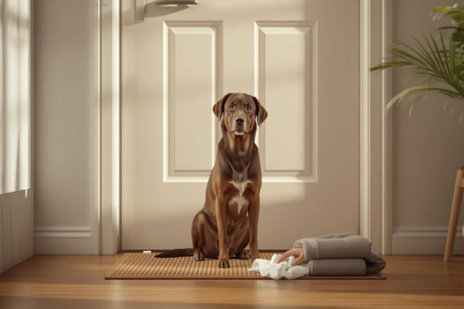 A dog sitting calmly by an apartment door while its paw is gently wiped with a cloth, towel and mat nearby, natural light