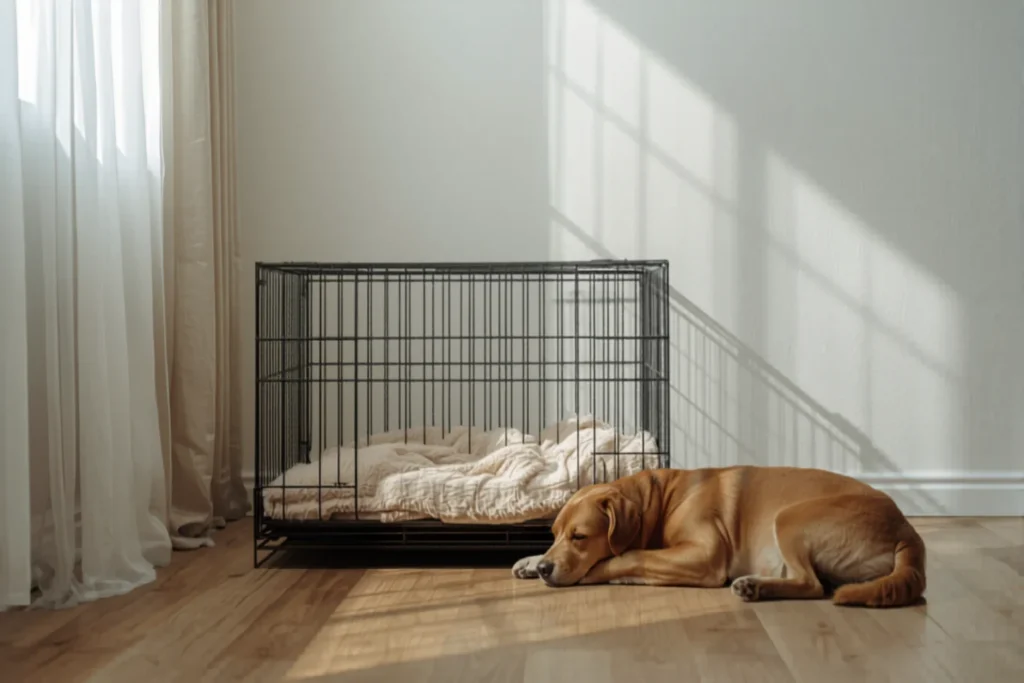 A cozy dog crate with a soft blanket in a quiet corner of a bright minimal apartment with a calm dog resting nearby, natural light