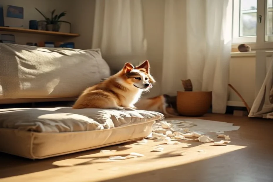 A dog sitting beside a chewed-up couch cushion with stuffing scattered across an apartment living room floor.