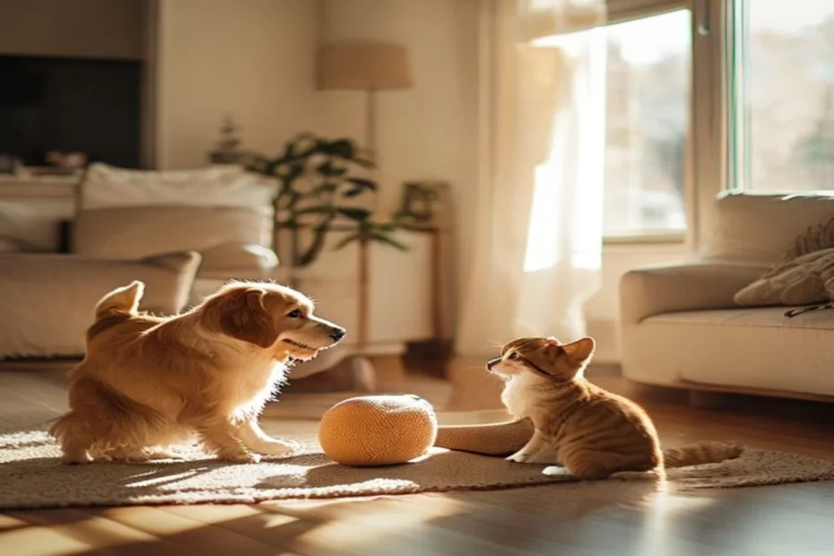 A medium-sized dog playing tug with a soft toy in a small apartment living room.