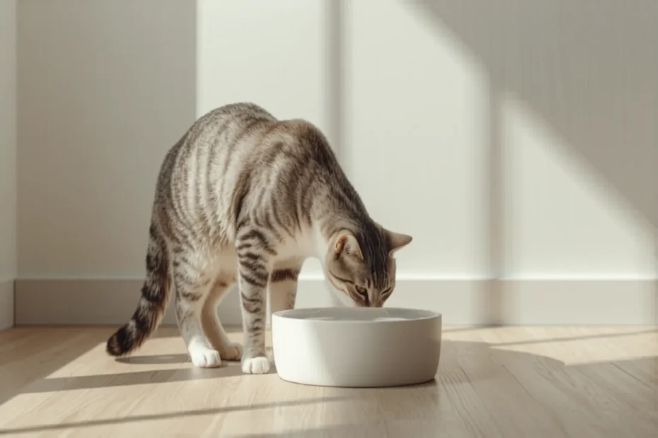 A cat drinking from a sleek pet water fountain on a light wooden floor in a bright minimal apartment, natural light