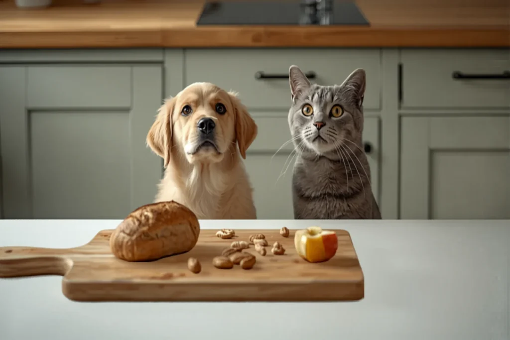 A curious dog and cat looking up near a kitchen counter with everyday food kept out of reach, soft natural light
