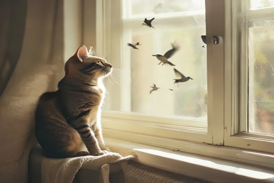 A curious indoor cat perched on a window seat watching birds outside in a sunny apartment