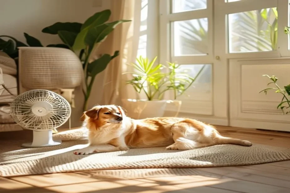 A relaxed dog lying on a cooling mat beside a fan in a bright apartment living room on a sunny summer day