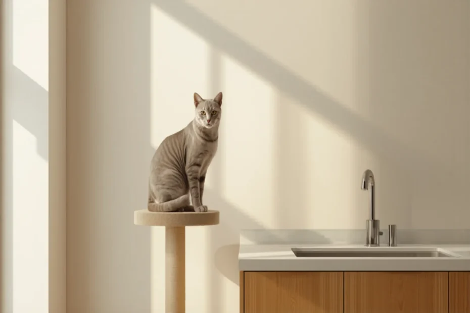 A cat sitting on a tall cat tree next to a clean clear kitchen counter in a bright minimal apartment, soft natural light