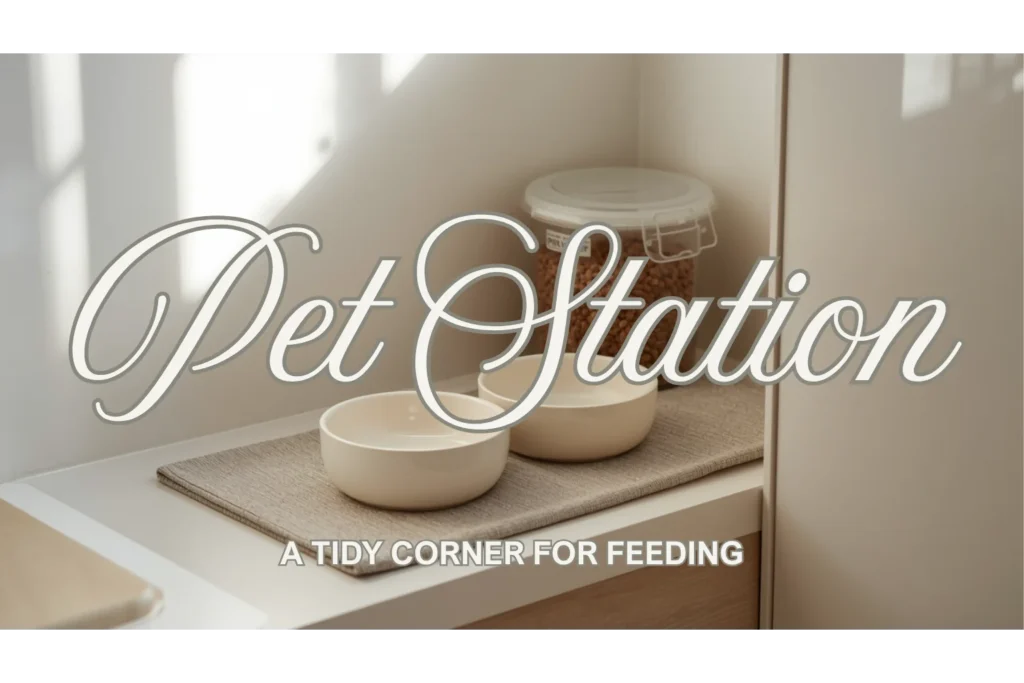 A tidy pet feeding station in a small kitchen corner with two ceramic bowls on a mat and a sealed food container, natural light