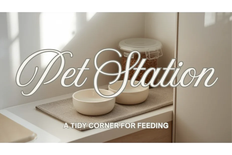 A tidy pet feeding station in a small kitchen corner with two ceramic bowls on a mat and a sealed food container, natural light