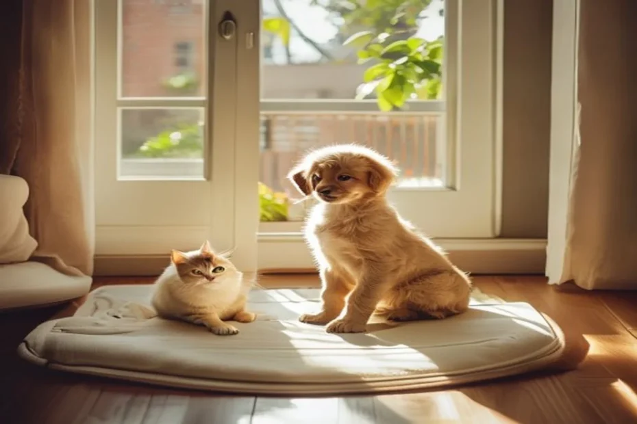 A small puppy sitting on a pee pad next to a sunny apartment doorway